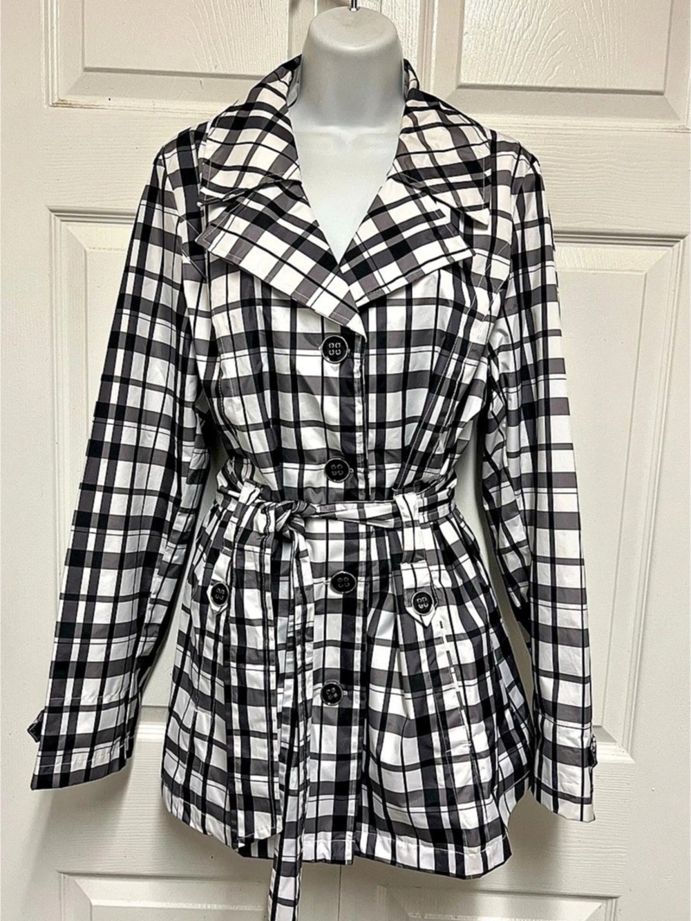 Faded Glory Plaid Trench Coat in Black & White Size 12 Like